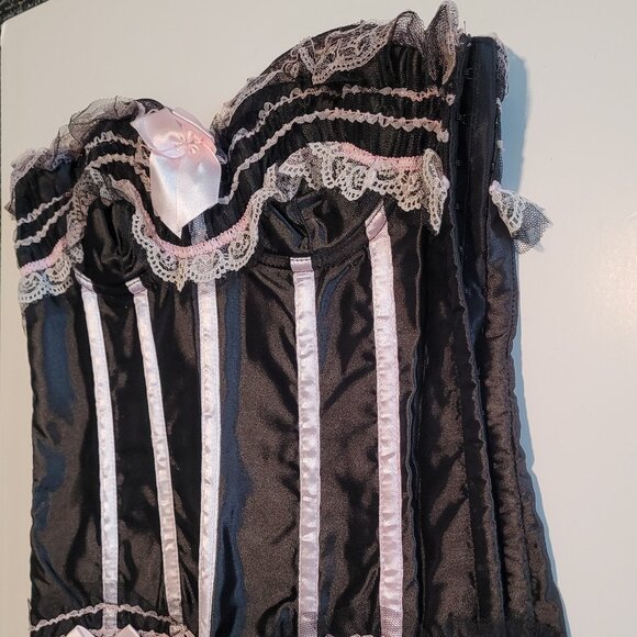 Women Lace Up Black & Pink Bustier Corset Overbust Burlesque Top Waist Cincher - Picture 2 of 4